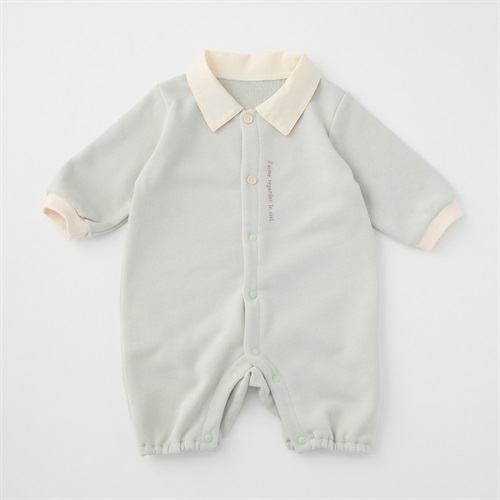 襟付きナチュラルカラー 裏毛 長袖プレオール 新生児 ベビー(グリーン-50～60cm)