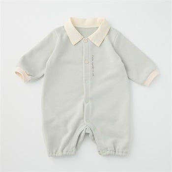 襟付きナチュラルカラー 裏毛 長袖プレオール 新生児 ベビー(グリーン-50～60cm)