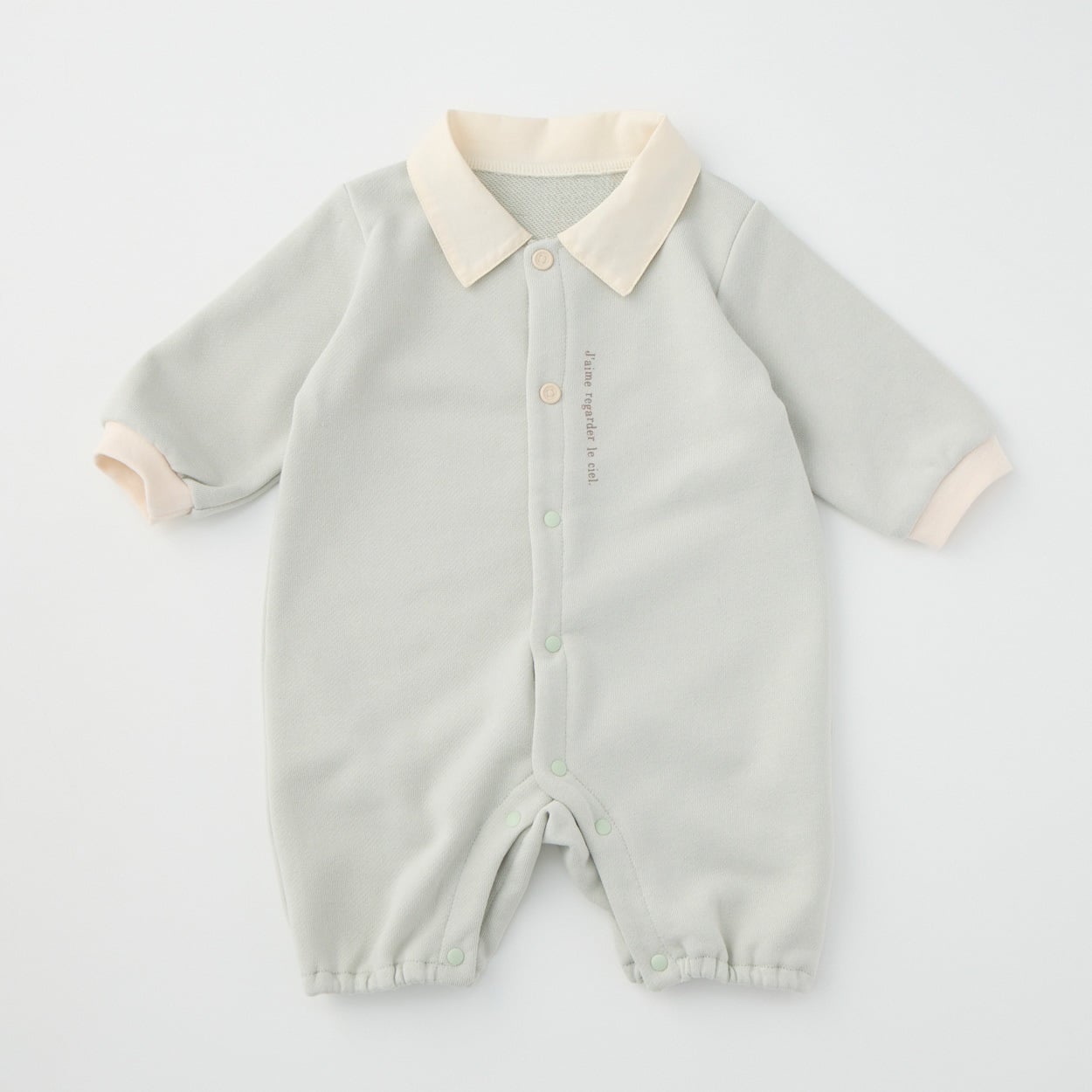 襟付きナチュラルカラー 裏毛 長袖プレオール 新生児 ベビー(グリーン-60～70cm)