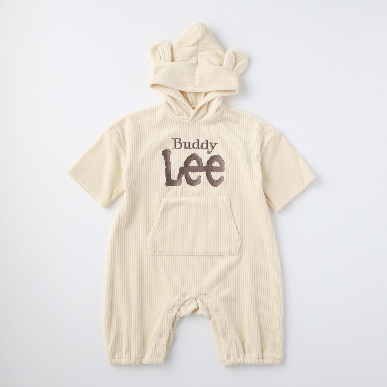 Buddy Lee ベロア ロゴ 刺しゅう くま耳フード付き 長袖カバーオール ベビー(アイボリー-70cm)