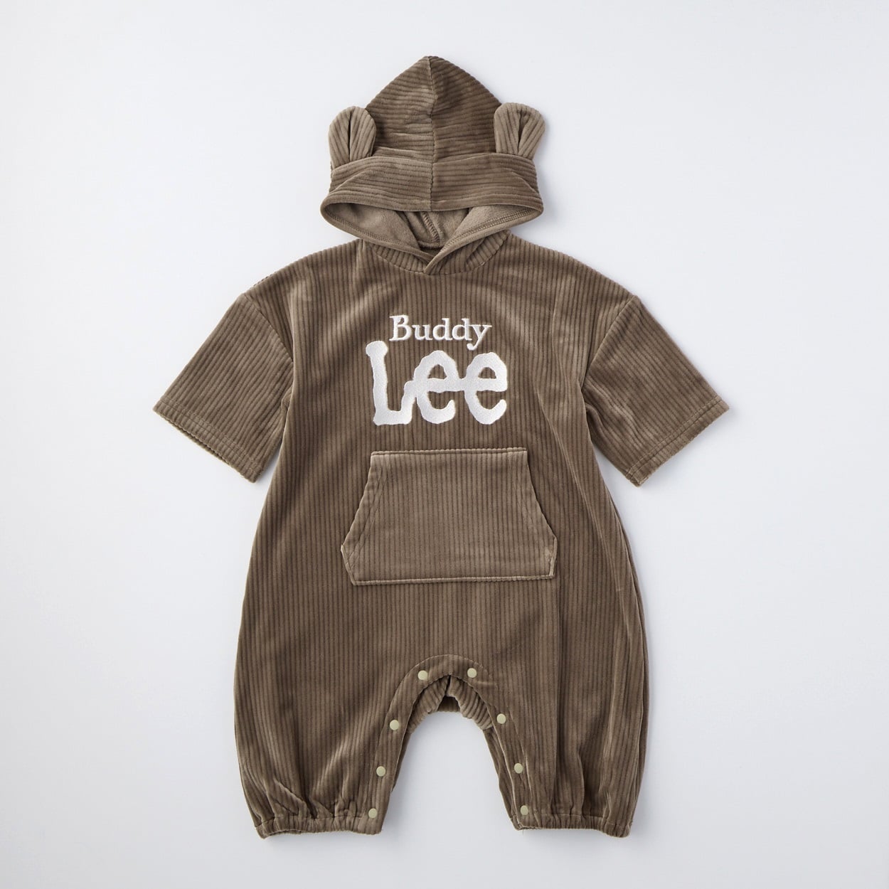 Buddy Lee ベロア ロゴ 刺しゅう くま耳フード付き 長袖カバーオール ベビー(ブラウン-80cm)