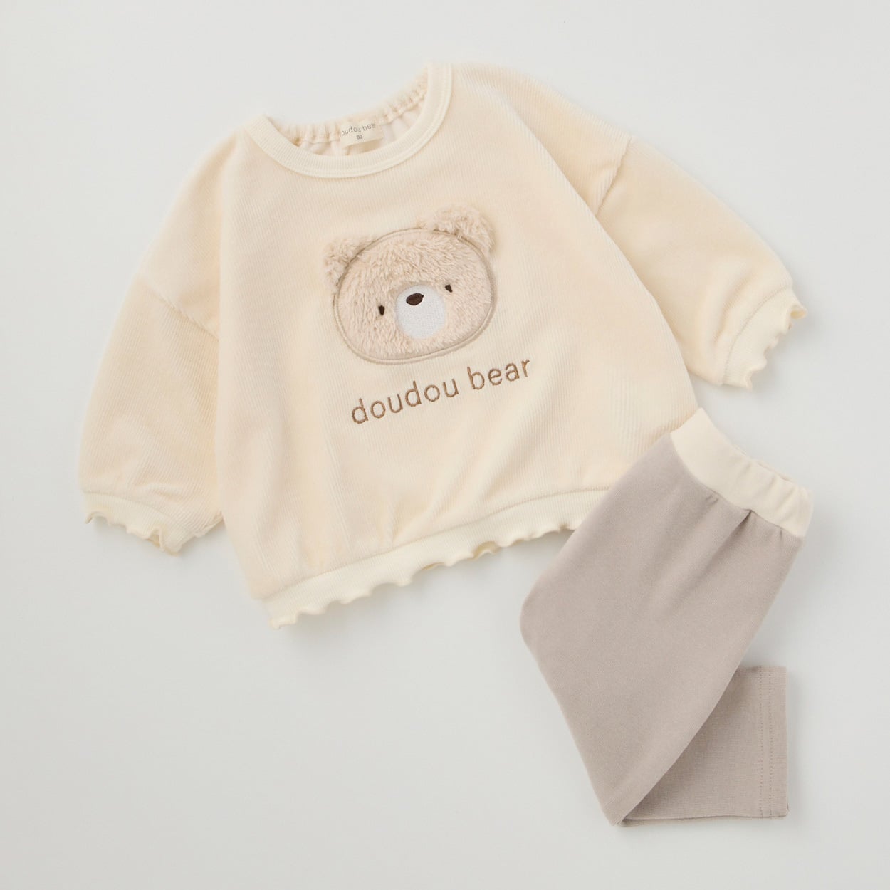 doudou bear ボアくまアップリケ コーデュロイトレーナー＋パンツセット ベビー(アイボリー-70cm)