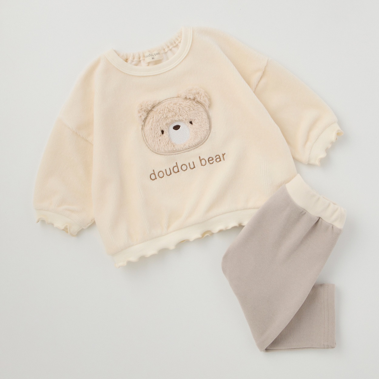 doudou bear ボアくまアップリケ コーデュロイトレーナー＋パンツセット ベビー(アイボリー-80cm)