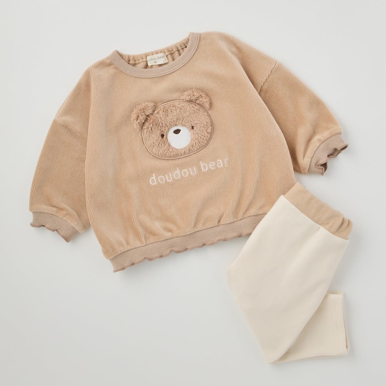 doudou bear ボアくまアップリケ コーデュロイトレーナー＋パンツセット ベビー(ベージュ-80cm)