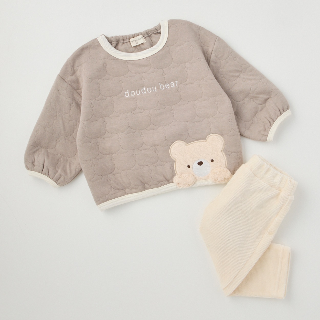 doudou bear ボアくまアップリケ キルトトレーナー＋パンツセット ベビー(グレージュ-70cm)