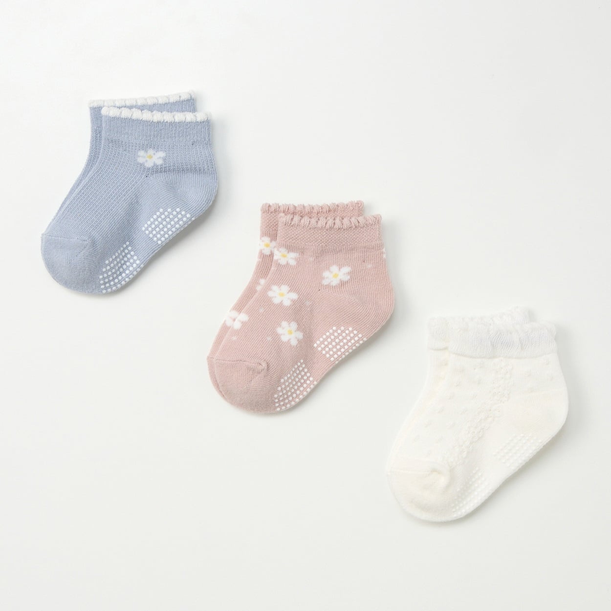 スニーカー丈ソックス 3足組  靴下 ベビー(花柄(サックスグレー)-9～15cm)