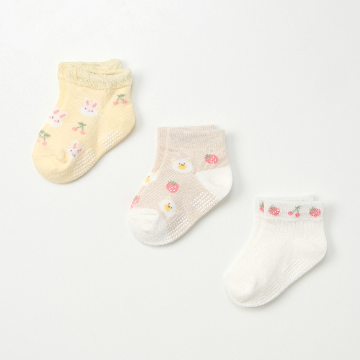 スニーカー丈ソックス 3足組  靴下 ベビー(うさぎ柄(クリーム)-9～15cm)
