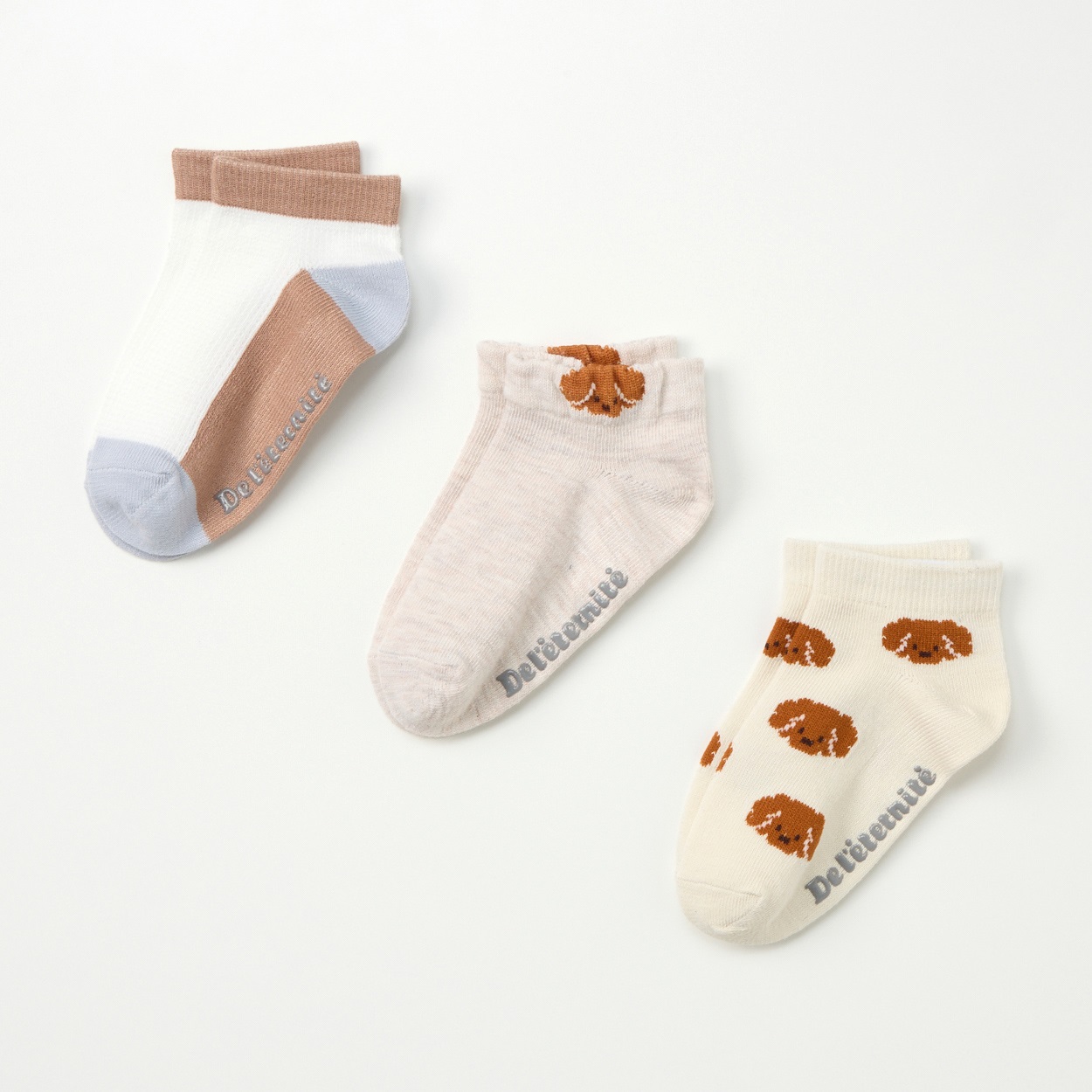 スニーカー丈ソックス 3足組  靴下 ベビー キッズ(犬柄(ベージュ)-13～18cm)