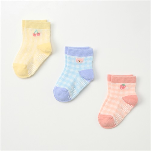 アンクル丈ソックス 3足組  靴下 ベビー(フルーツチェック柄(ピンク)-9～15cm)