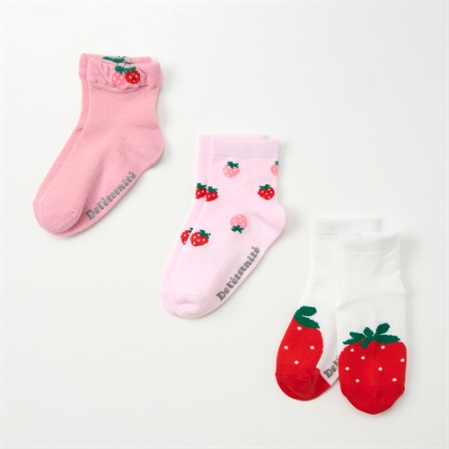 アンクル丈ソックス 3足組  靴下 ベビー キッズ(いちご柄(ピンク)-13～18cm)