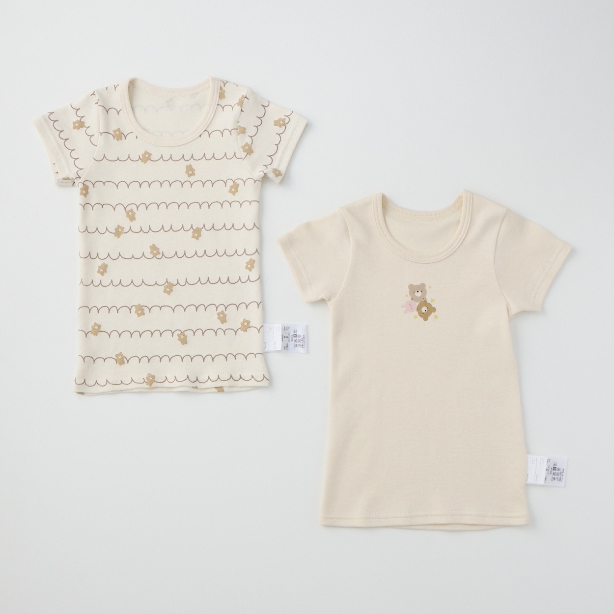 doudou bear スムース 半袖シャツ肌着 2枚組 アニマル柄 肌着 ベビー(くま(ベージュ)-90cm)