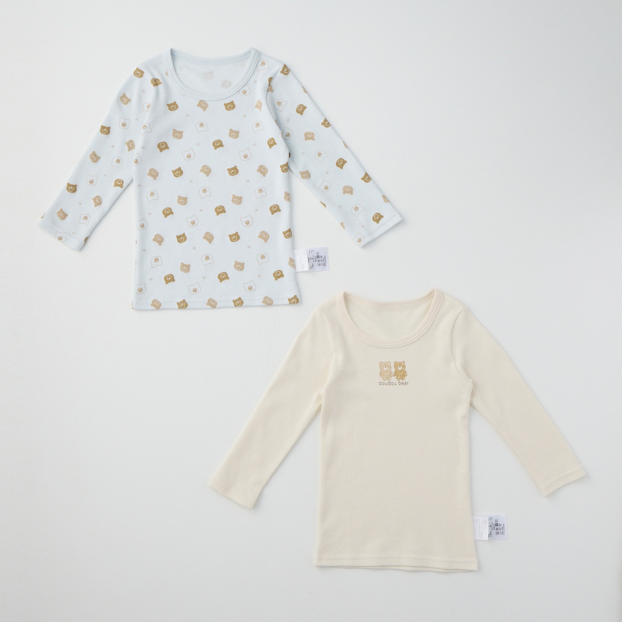 doudou bear スムース 長袖シャツ肌着 2枚組 アニマル柄 肌着 ベビー(くま(サックス)-80cm)