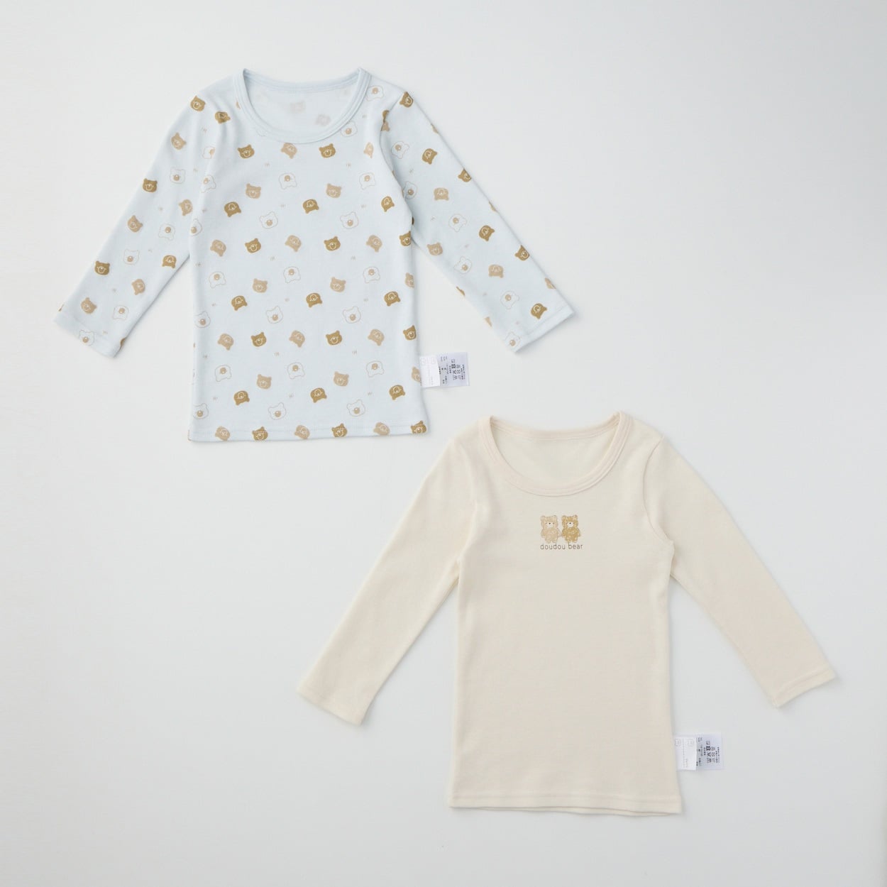 doudou bear スムース 長袖シャツ肌着 2枚組 アニマル柄 肌着 ベビー(くま(サックス)-100cm)