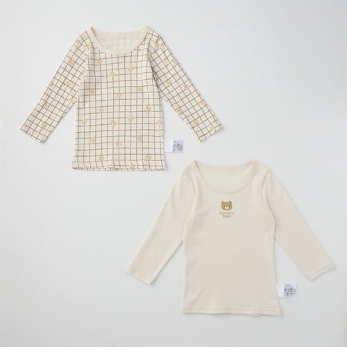 doudou bear スムース 長袖シャツ肌着 2枚組 アニマル柄 肌着 ベビー(くま(ベージュ)-80cm)