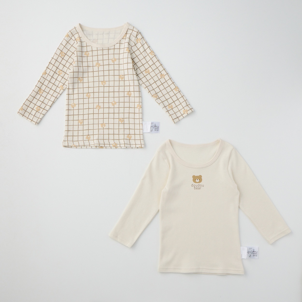 doudou bear スムース 長袖シャツ肌着 2枚組 アニマル柄 肌着 ベビー(くま(ベージュ)-95cm)