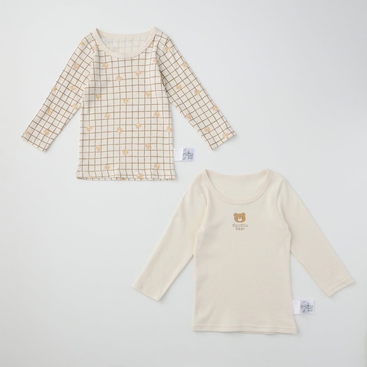 doudou bear スムース 長袖シャツ肌着 2枚組 アニマル柄 肌着 ベビー(くま(ベージュ)-100cm)