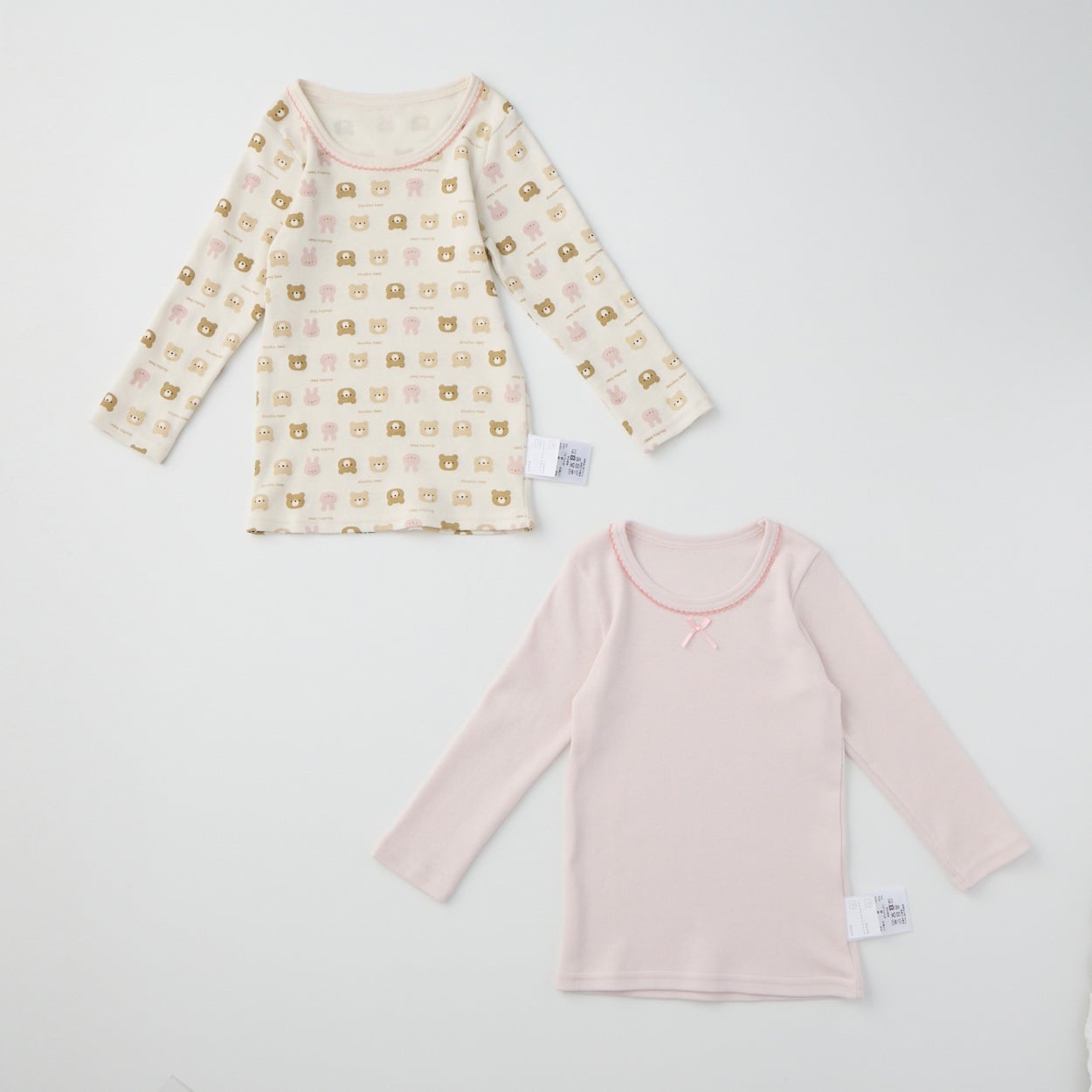 doudou bear スムース 長袖シャツ肌着 2枚組 アニマル柄 肌着 ベビー(うさぎ&くま(ピンク)-90cm)