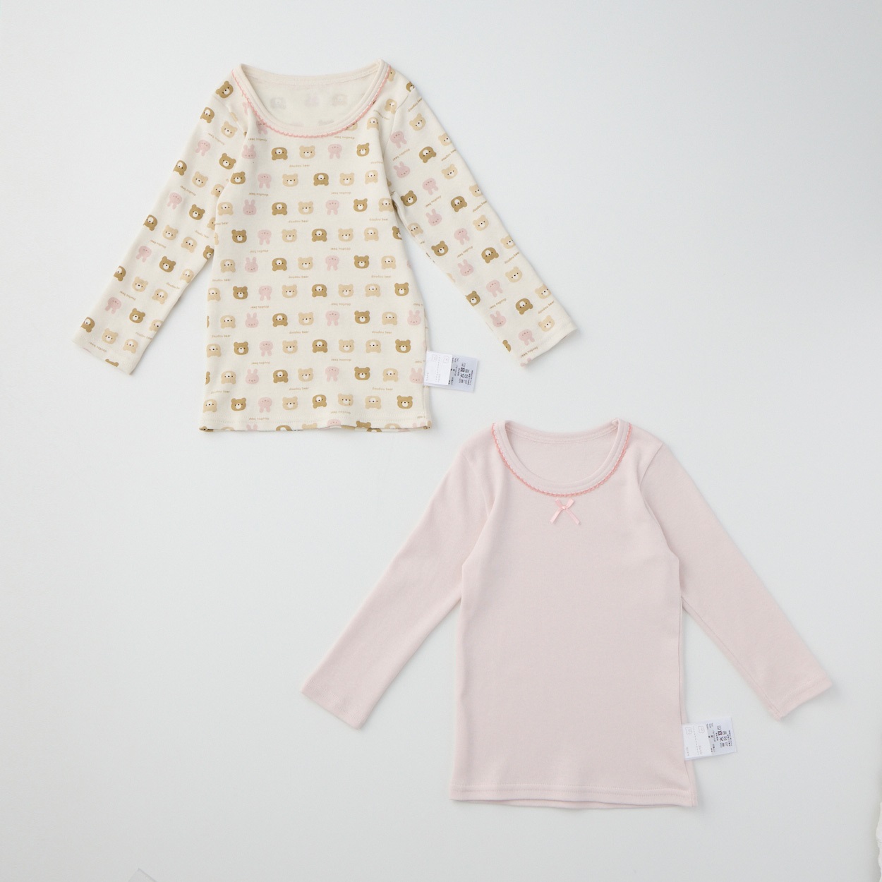 doudou bear スムース 長袖シャツ肌着 2枚組 アニマル柄 肌着 ベビー(うさぎ&くま(ピンク)-100cm)