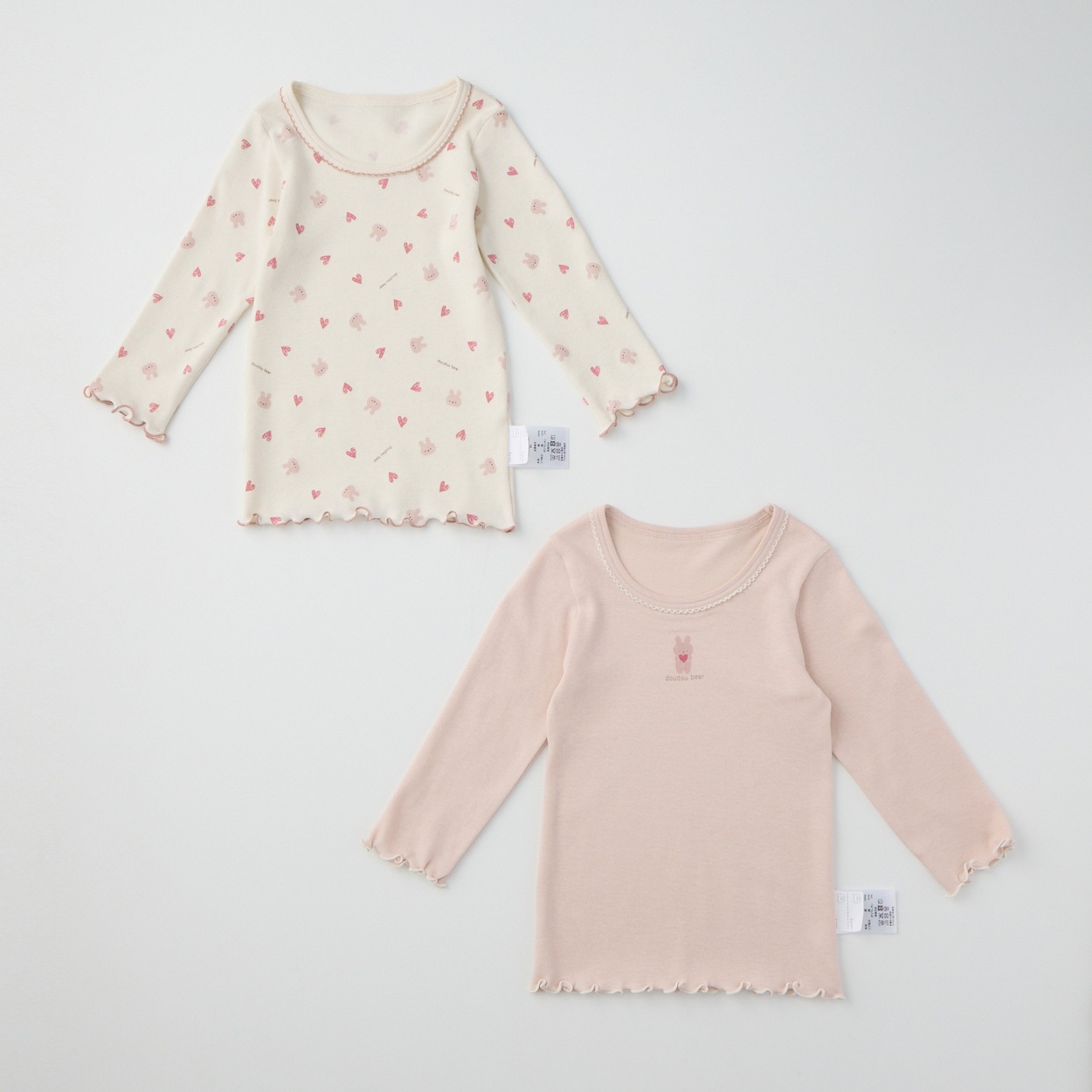 doudou bear スムース メロー 長袖シャツ肌着 2枚組 うさぎ柄 肌着 ベビー(ピンク-80cm)