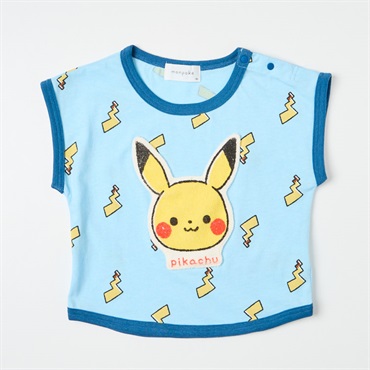 モンポケ ピカチュウアップリケ 総柄 天竺 フレンチ袖Tシャツ ベビー キッズ