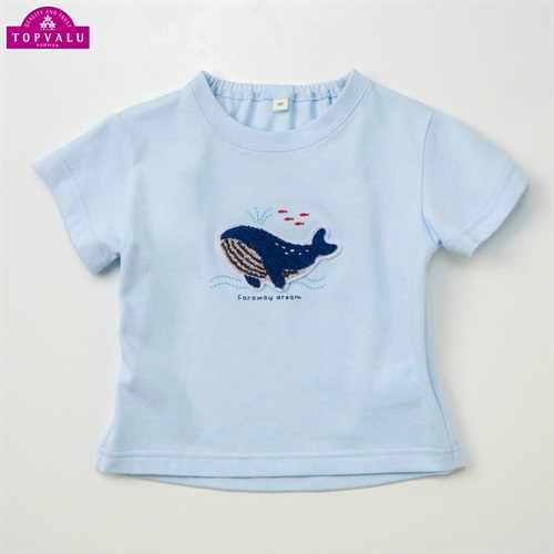 ピースフィットクール クジラ柄 サガラ刺しゅう 半袖Tシャツ ベビー トップバリュ(サックス-80cm)