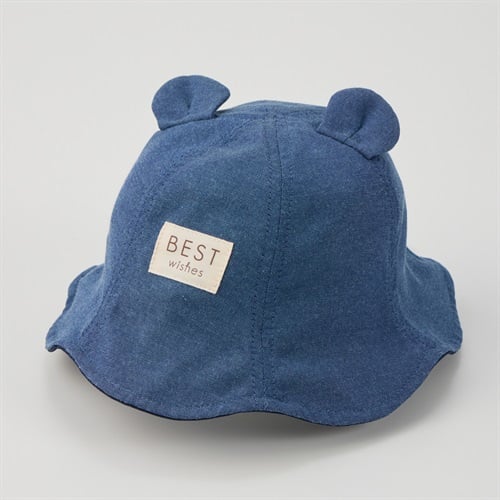 クマ耳&ワッペン付き チューリップハット ベビー 帽子(ネイビー-48cm)