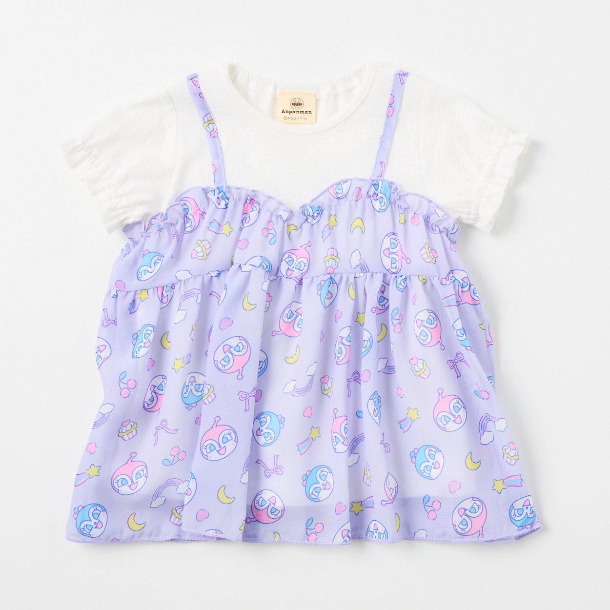 ドキンちゃん&コキンちゃん キャミフェイク 天竺 パフ袖Tシャツ ベビー(パープル-100cm)