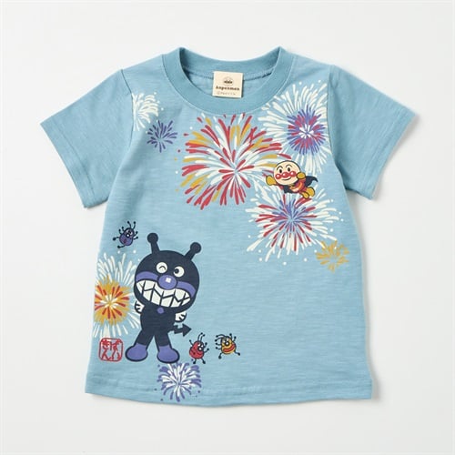 アンパンマン 和柄 スラブ天竺 半袖Tシャツ ベビー(ばいきんまん(サックスグレー)-80cm)