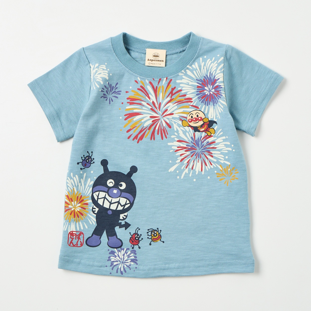 アンパンマン 和柄 スラブ天竺 半袖Tシャツ ベビー(ばいきんまん(サックスグレー)-100cm)