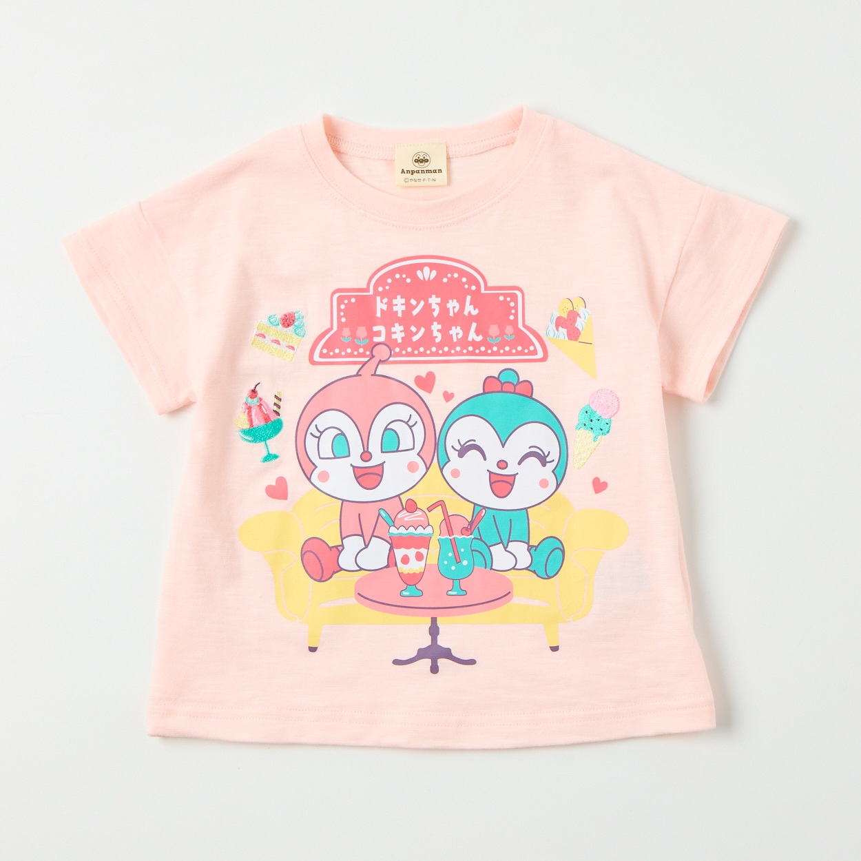 アンパンマン 刺しゅう スラブ天竺 半袖Tシャツ ベビー(ドキンちゃん&コキンちゃん(ピンク)-90cm)