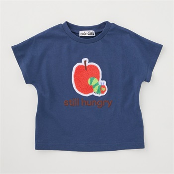 はらぺこあおむし りんご柄 サガラ刺しゅう 天竺 半袖Tシャツ ベビー(ネイビー-80cm)