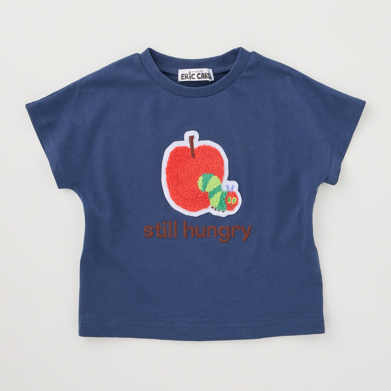 はらぺこあおむし りんご柄 サガラ刺しゅう 天竺 半袖Tシャツ ベビー(ネイビー-100cm)