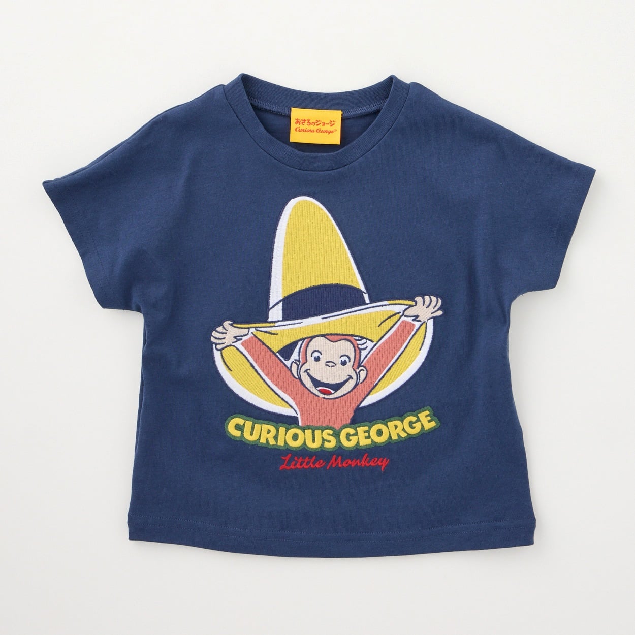 おさるのジョージ 帽子柄 総刺繍 天竺 半袖Tシャツ ベビー(ネイビー-80cm)
