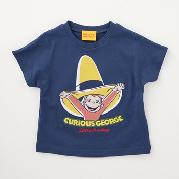 おさるのジョージ 帽子柄 総刺繍 天竺 半袖Tシャツ ベビー(ネイビー-80cm)