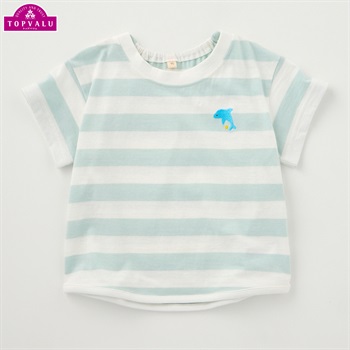 オーガニックコットン ボーダー柄 半袖Tシャツ ベビー トップバリュ(イルカ(ミントグリーン)-70cm)