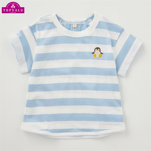 オーガニックコットン ボーダー柄 半袖Tシャツ ベビー トップバリュ(ペンギン(サックス)-70cm)