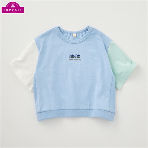 オーガニックコットン 袖配色 半袖Tシャツ ベビー トップバリュ(サックス-70cm)