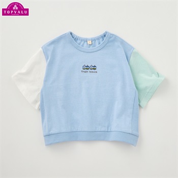 オーガニックコットン 袖配色 半袖Tシャツ ベビー トップバリュ(サックス-70cm)