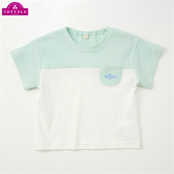 オーガニックコットン ワッフル 切替 半袖Tシャツ ベビー トップバリュ(ミントグリーン-70cm)