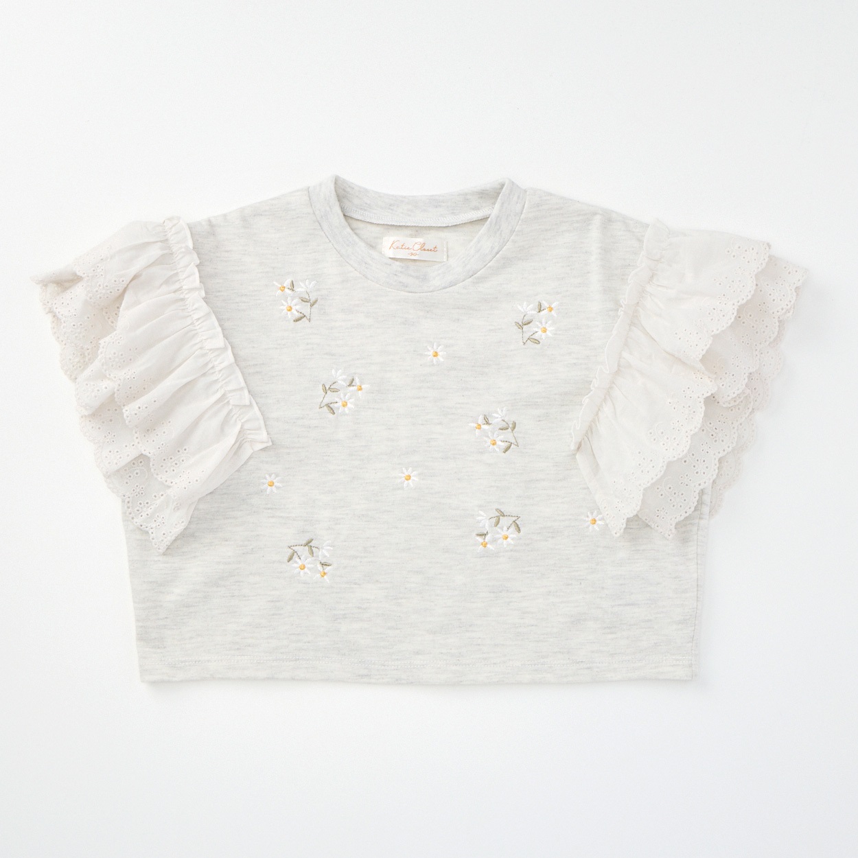 Katie Closet 天竺 花刺繍レース 半袖Tシャツ ベビー(グレー-100cm)