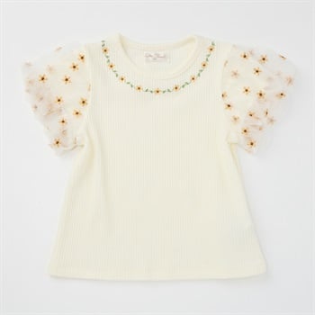Katie Closet テレコ オーガンジー 花刺繍 半袖Tシャツ ベビー(アイボリー-80cm)