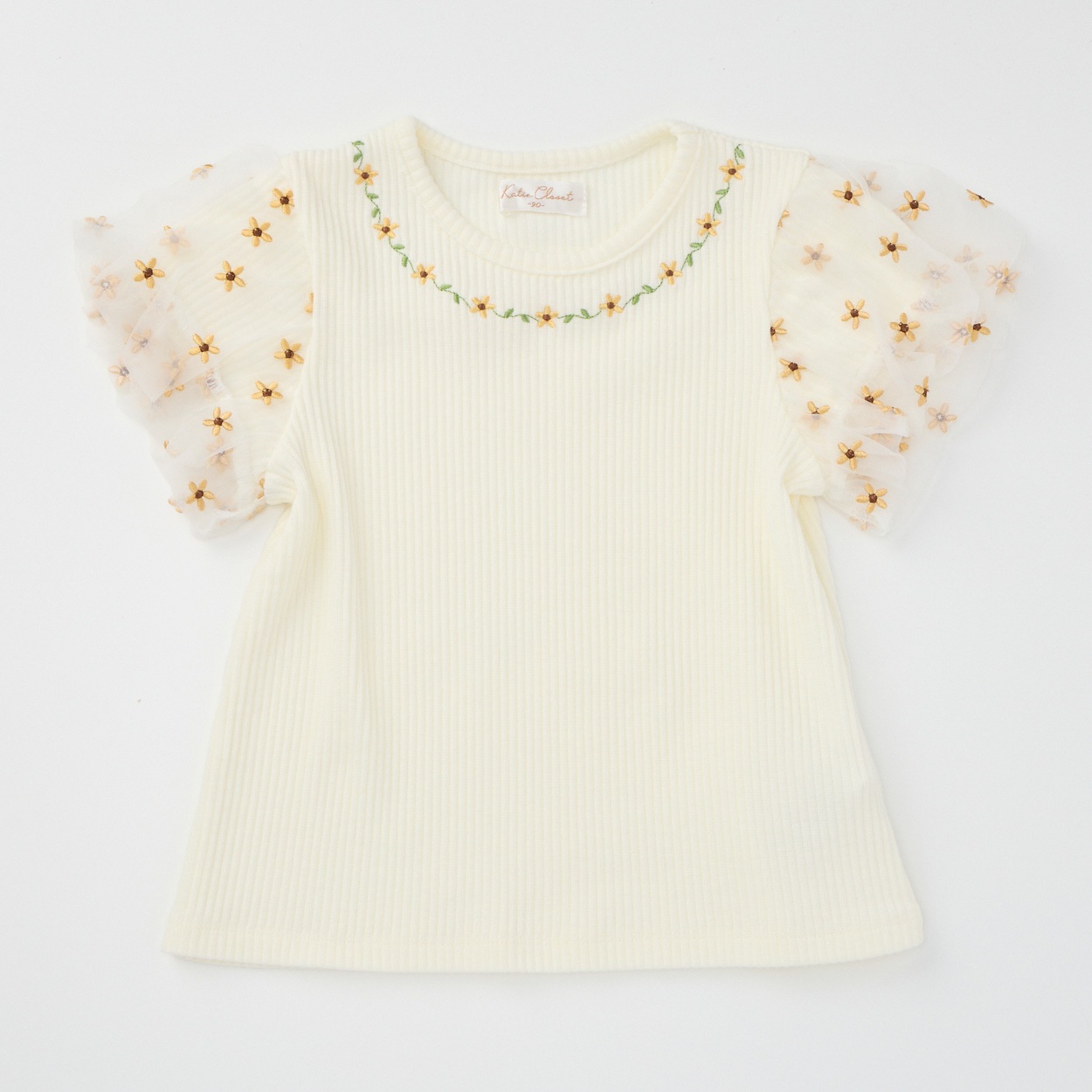Katie Closet テレコ オーガンジー 花刺繍 半袖Tシャツ ベビー(アイボリー-90cm)