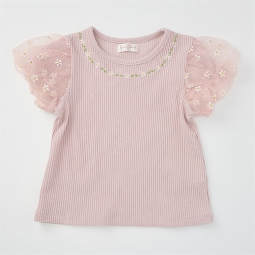 Katie Closet テレコ オーガンジー 花刺繍 半袖Tシャツ ベビー(スモーキーピンク-80cm)