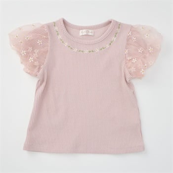 Katie Closet テレコ オーガンジー 花刺繍 半袖Tシャツ ベビー(スモーキーピンク-80cm)