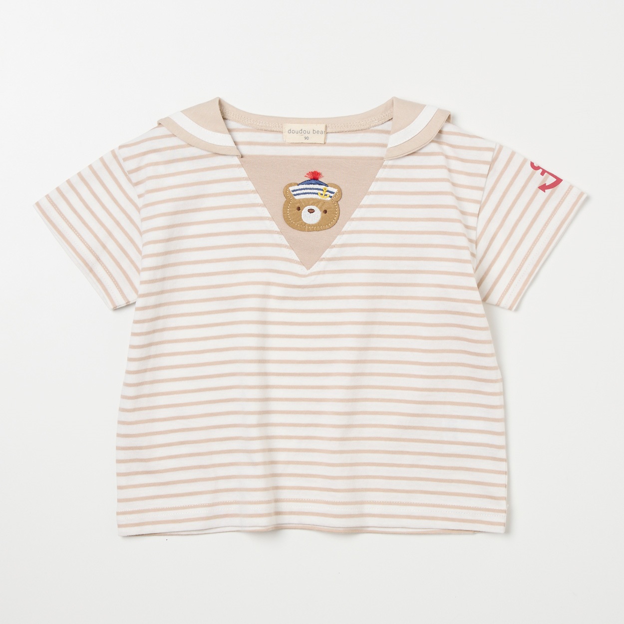 doudou bear ボーダー柄 セーラー衿 天竺 半袖Tシャツ ベビー(モカブラウン-80cm)