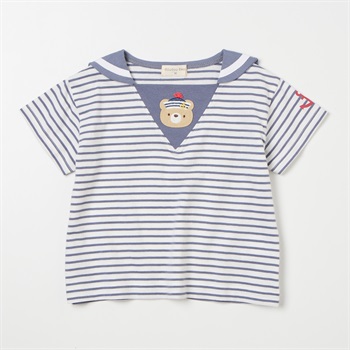 doudou bear ボーダー柄 セーラー衿 天竺 半袖Tシャツ ベビー(ブルーグレー-80cm)