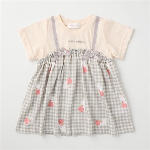 doudou berry うさぎ&チェック柄 キャミフェイク チュニック 天竺 半袖Tシャツ ベビー