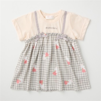 doudou berry うさぎ&チェック柄 キャミフェイク チュニック 天竺 半袖Tシャツ ベビー(グレー-80cm)