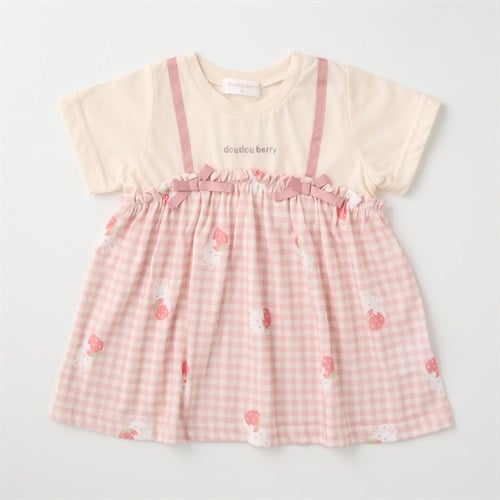 doudou berry うさぎ&チェック柄 キャミフェイク チュニック 天竺 半袖Tシャツ ベビー(ピンク-80cm)