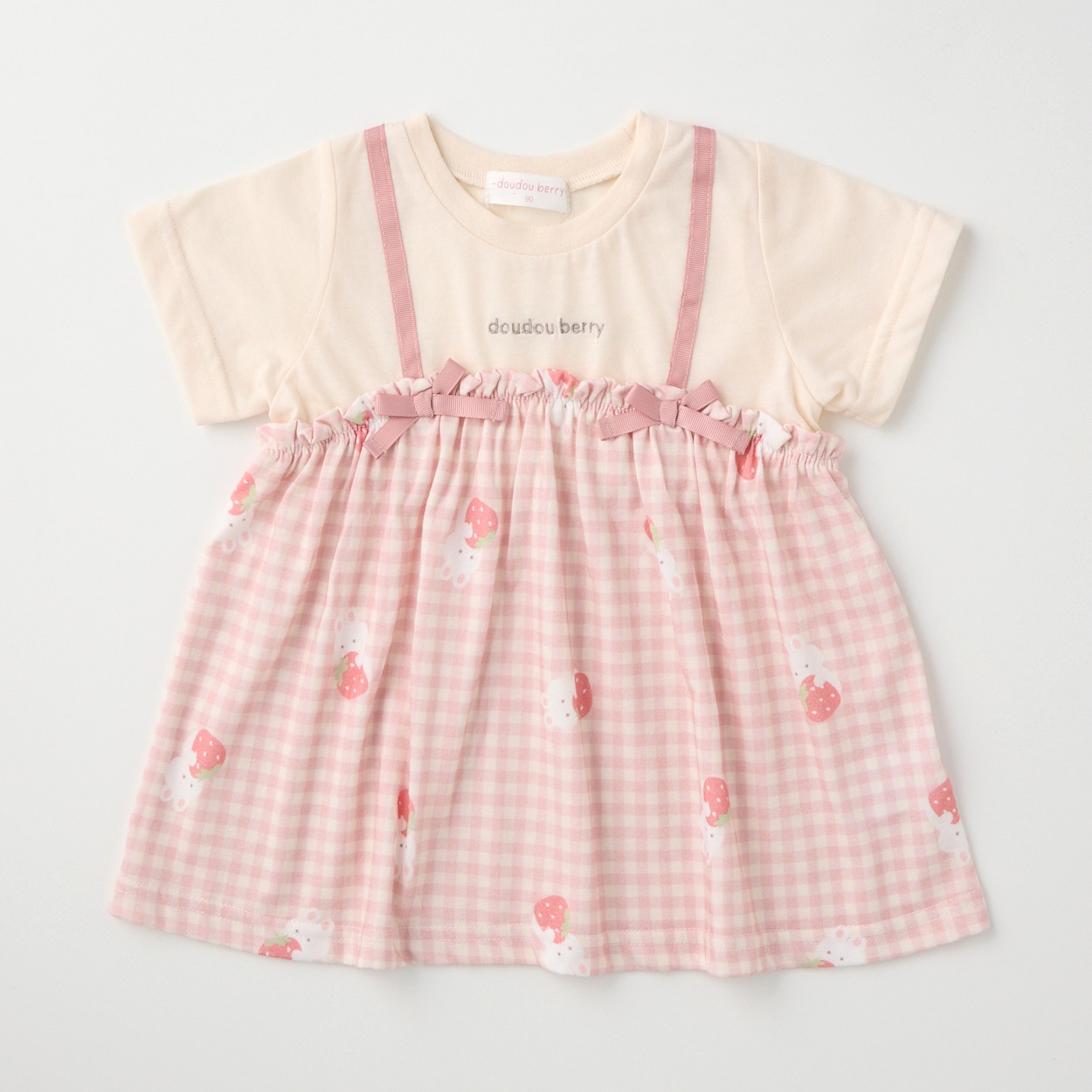 ハンドメイド　うさみみチュニック　ベビー　キッズ　ゆいと様 doudou berry うさぎ&チェック柄 キャミフェイク チュニック 天竺 半袖